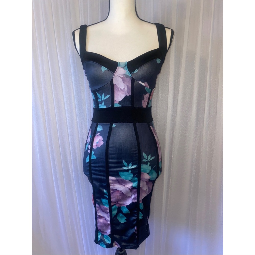 Jane Norman Floral Bodycon Dress US Size 2 XS Black Purple Cocktail